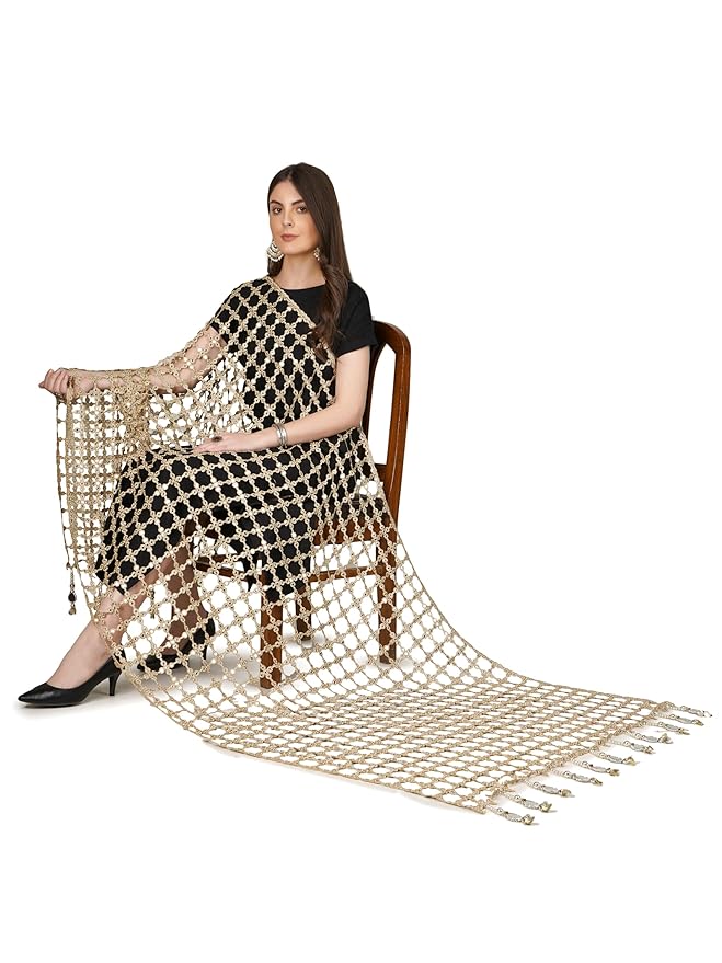 DUPATTA HUB Women's Foil Mirror Work With Hand Made Tassels Red Fancy and Bridal Dupatta.