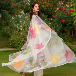 Cream White Organza Dupatta with Hand Brush Print, 3-4 mm Sequence Handwork, Lightweight 200g Ethnic Wear for Women, Floral Design