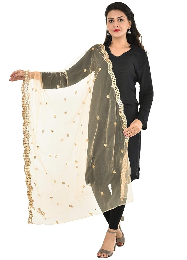 Embellished Mirror Half Curve Trendy Design Soft Net Dupatta for Womens & Girls