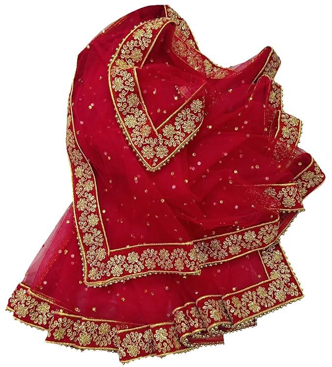 Women's Bridal Net Dupatta (2.25m) with Embroidery Border & 4side Moti Lace